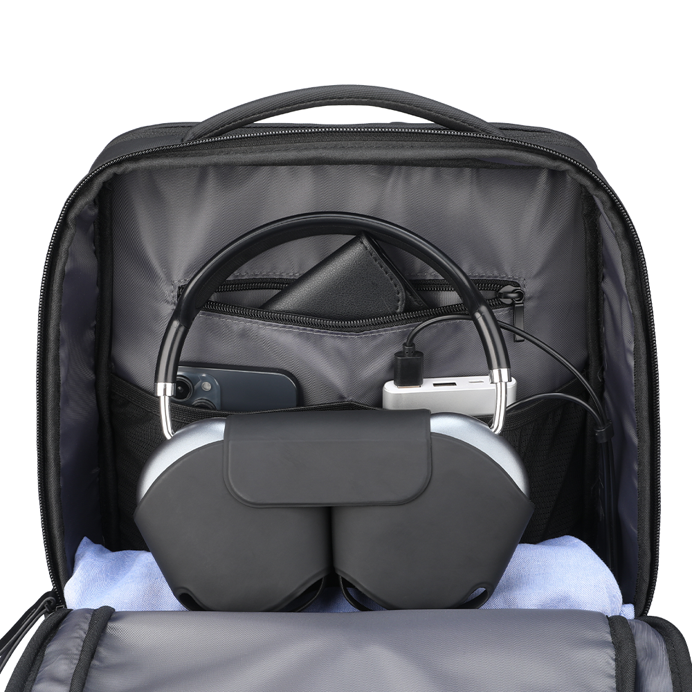 MARKRYDEN ChargeFlex smart backpack interior with headphones, phone & charging accessories - modern anti-theft design