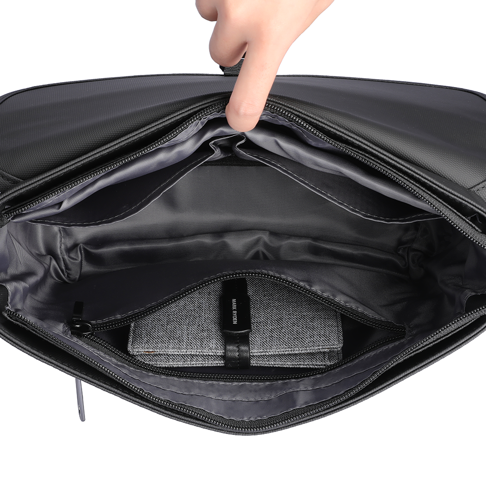 MarkRyden black business casual travel crossbody bag interior with multiple compartments