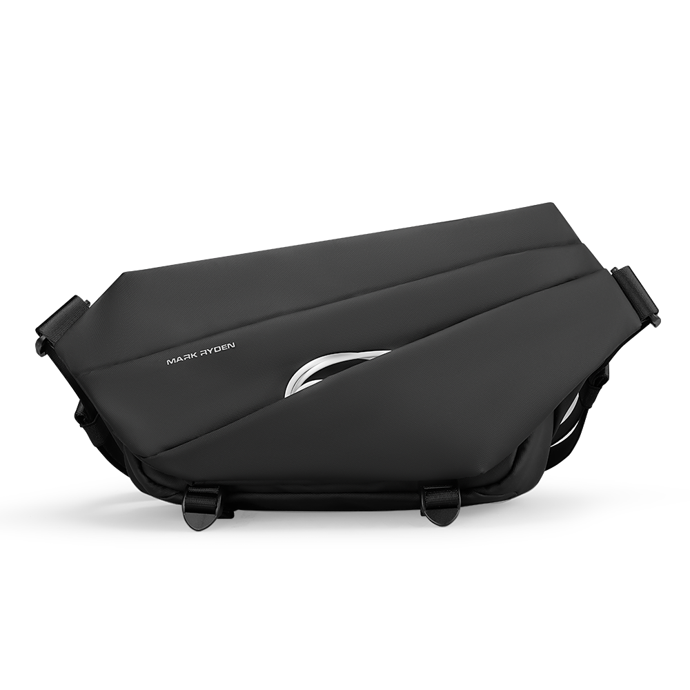 Black leather Voyager messenger bag by Mark Ryden, featuring sleek design, umbrella pocket, and adjustable straps.