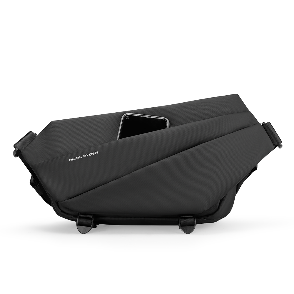 Black leather Voyager messenger bag with sleek design, smartphone pocket, Mark Ryden logo, and adjustable straps.