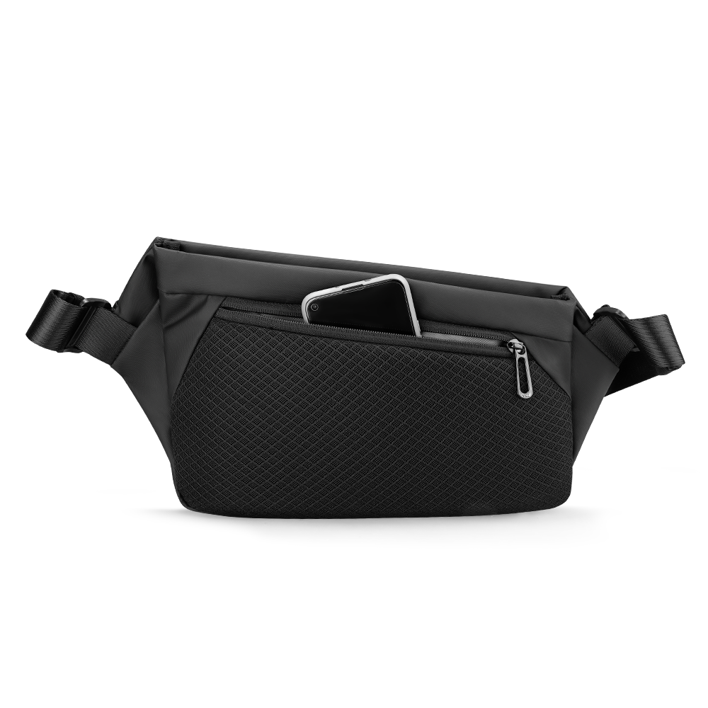 MARKRYDEN Voyager leather messenger bag with umbrella pocket - black, zippered front pocket holding phone, travel essential