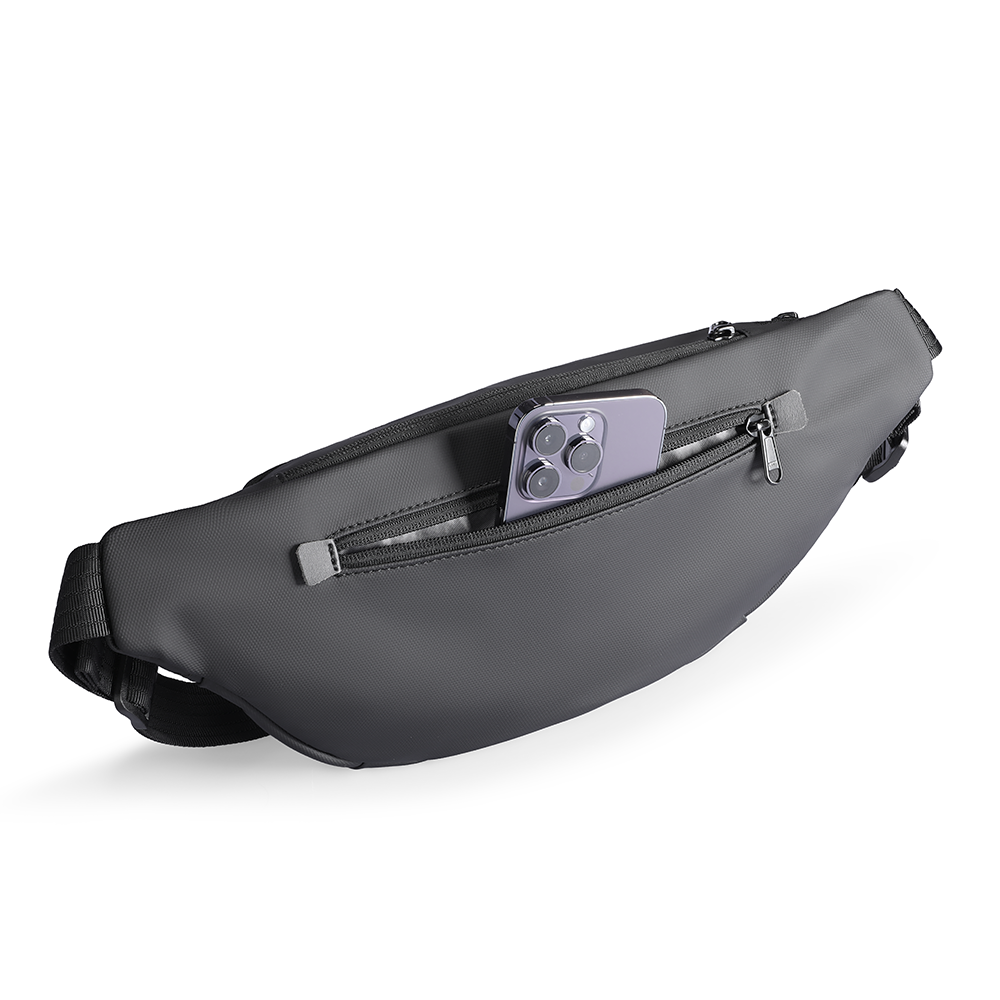 Gray simple fashionable daily crossbody bag with zip pocket holding phone