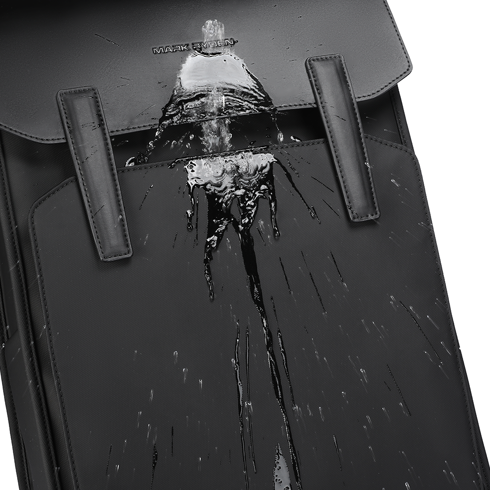 Black Oxford backpack with water splashing on it, showcasing water-resistant feature, from MARK RYDEN's MUKE III school style classic business work collection.