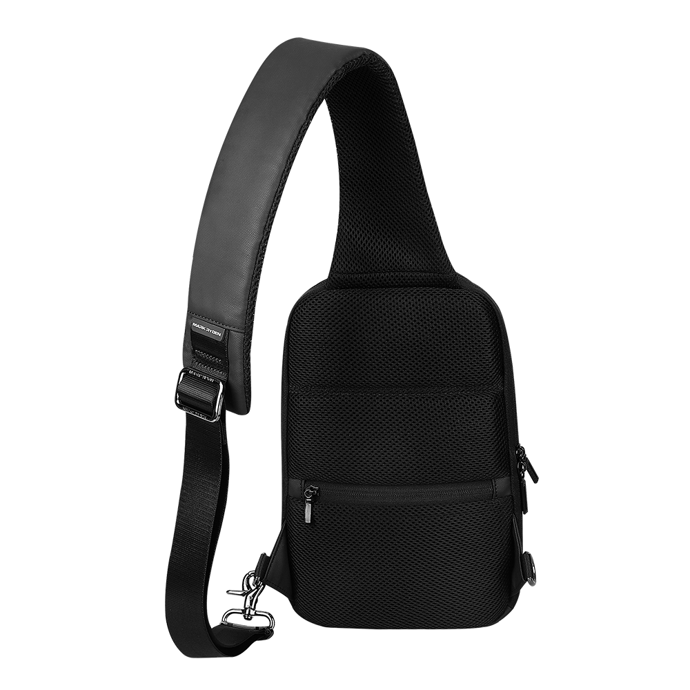 Mini Bastion black anti-theft crossbody bag with mesh fabric, padded adjustable strap, and multiple zippered compartments.
