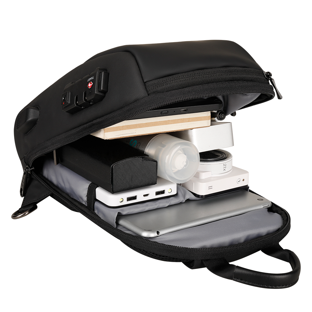 MarkRyden Mini Bastion anti-theft crossbody bag open with tech gear storage