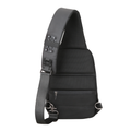 Black Mini Julius lightweight crossbody bag featuring mesh panels, padded shoulder strap with buttons, front zip pocket, and metal hardware for USB charging.