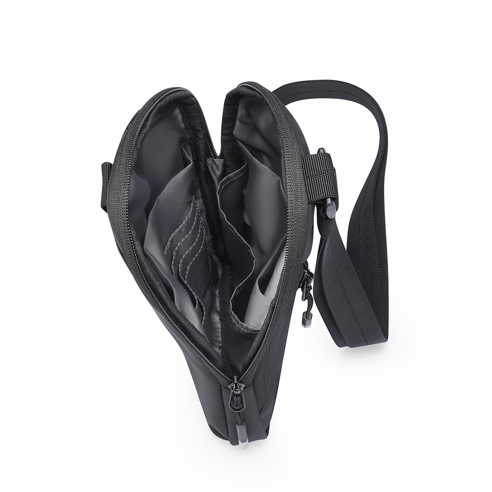 ProCarry black business sling bag open with interior compartments and shoulder strap - MARKRYDEN