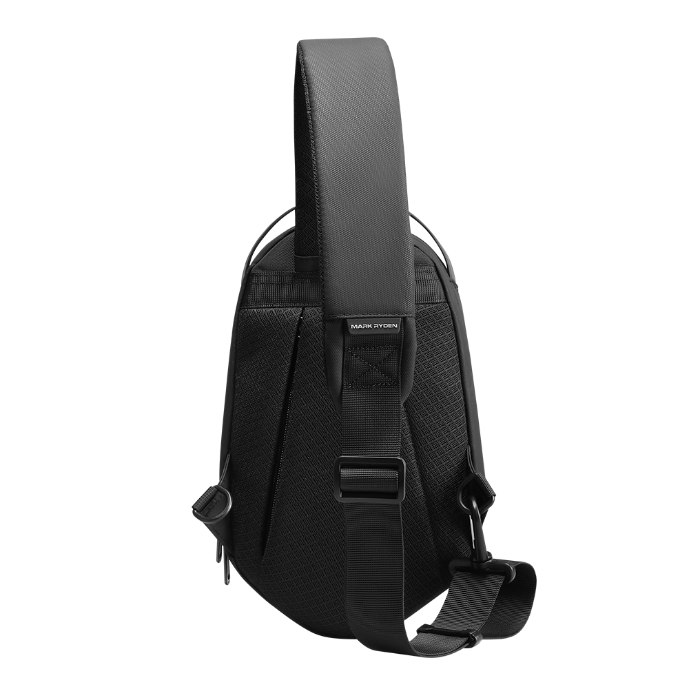 Black RHOMBUS water-repellent crossbody bag with masonry-inspired texture, adjustable strap, and MARK RYDEN label on back