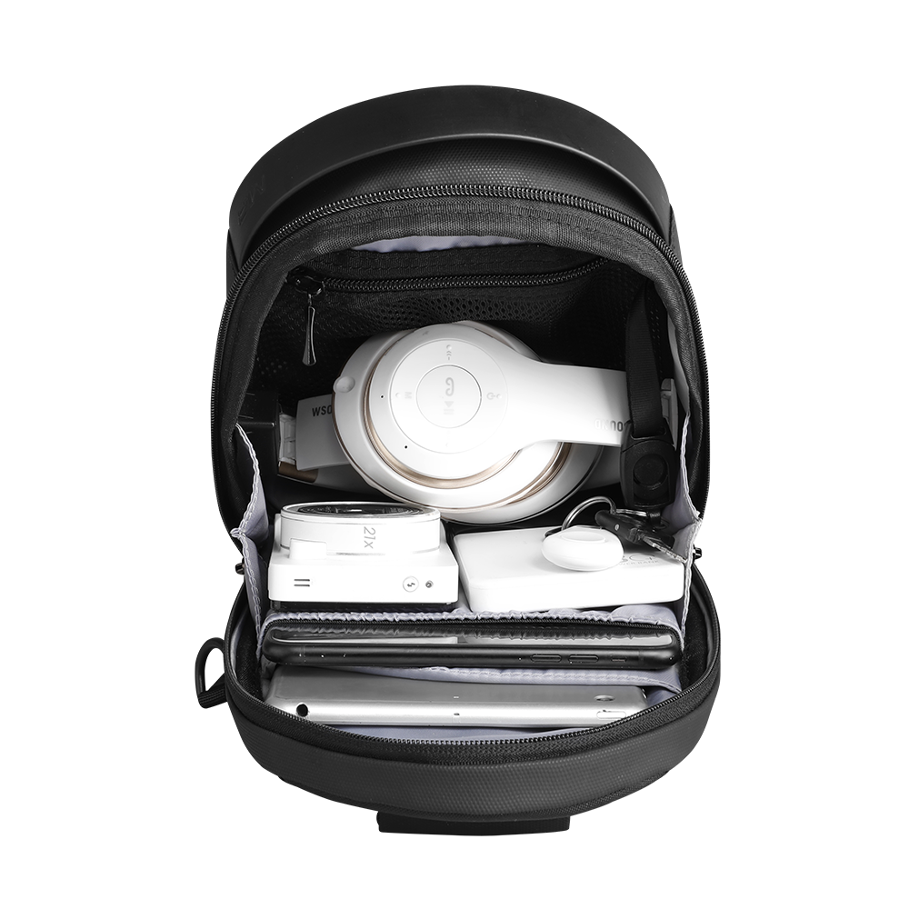 MarkRyden black masonry-inspired water-repellent crossbody bag with tech gear