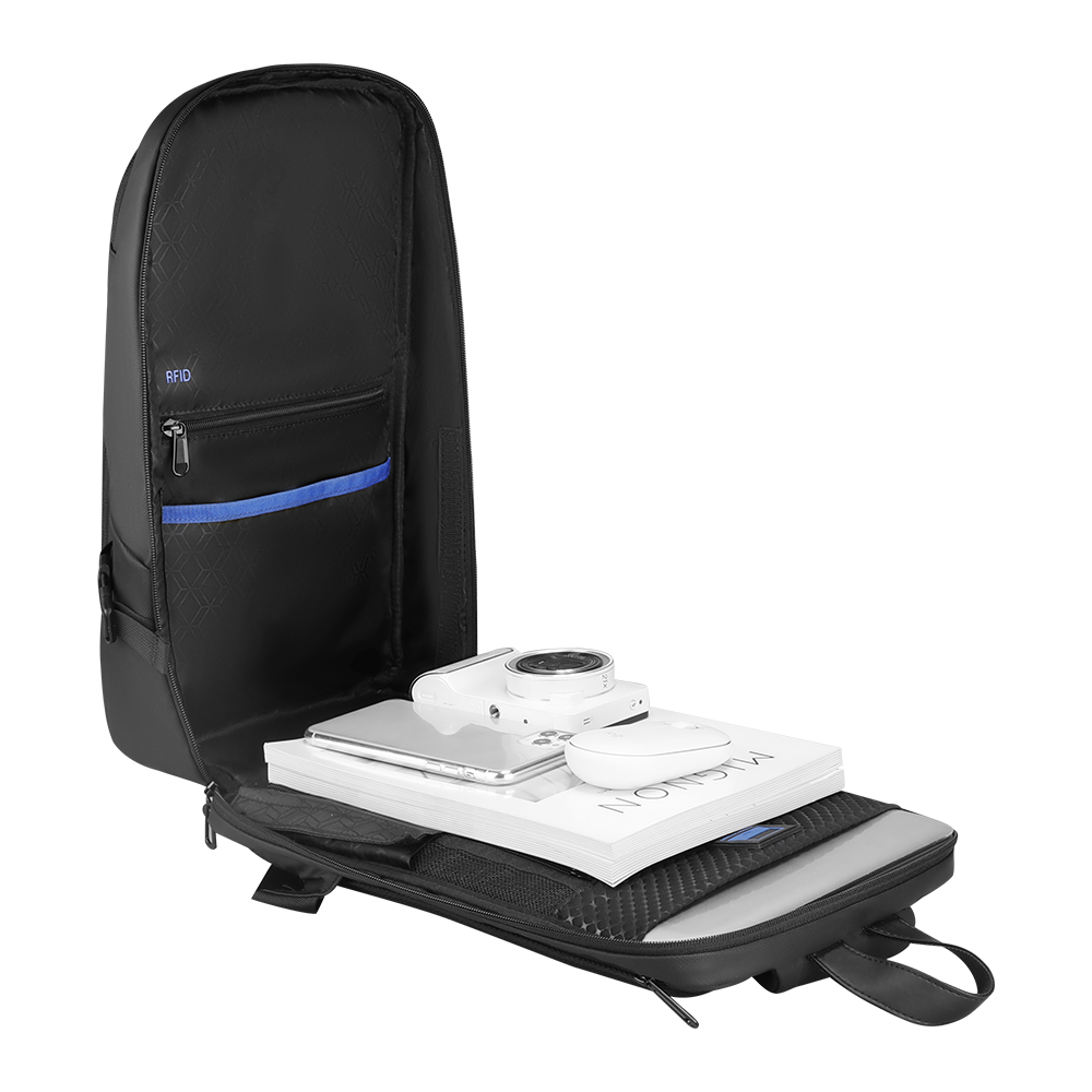 MarkRyden black waterproof RFID crossbody bag with camera & tech accessories