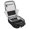 Black hard-shell work backpack with open interior showing light gray lining, mesh pocket, zippered compartments, and organized storage.