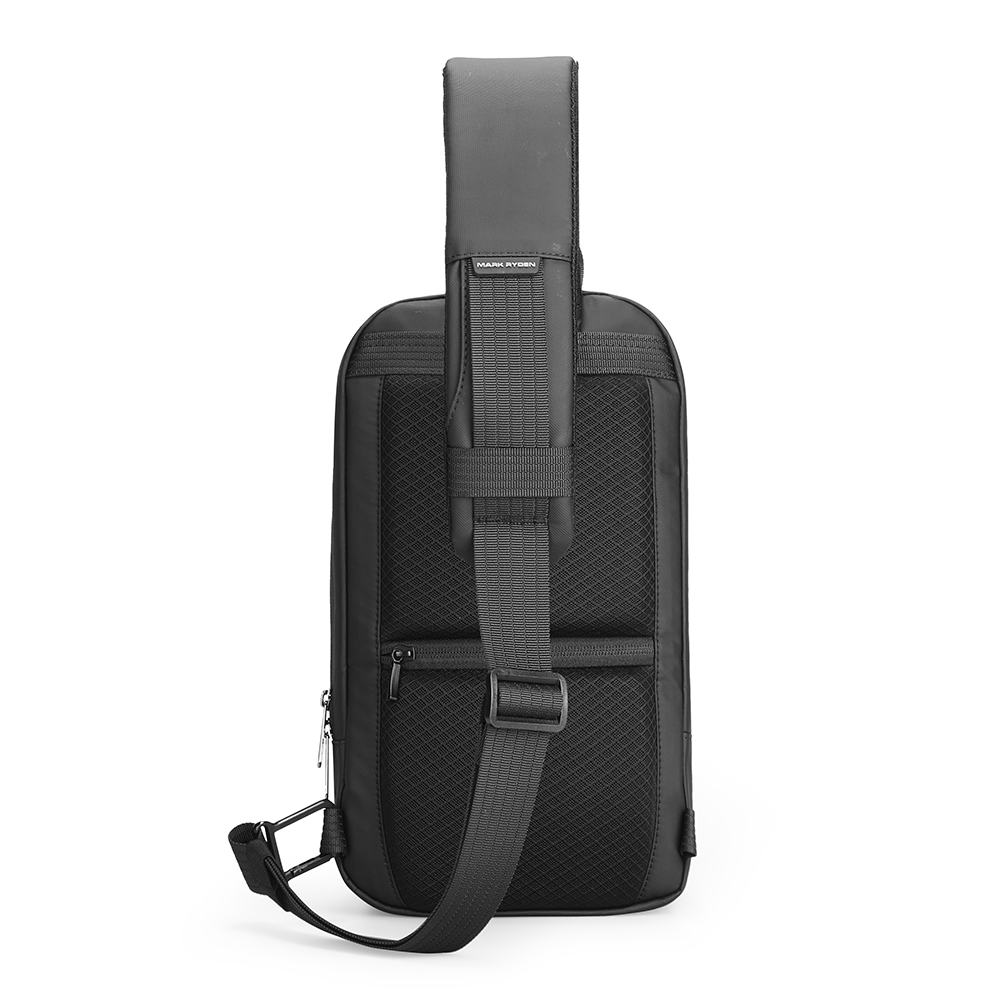 Back view of black high-capacity urban commuting crossbody bag with mesh back panel, adjustable strap, and zippered pocket by MARK RYDEN.
