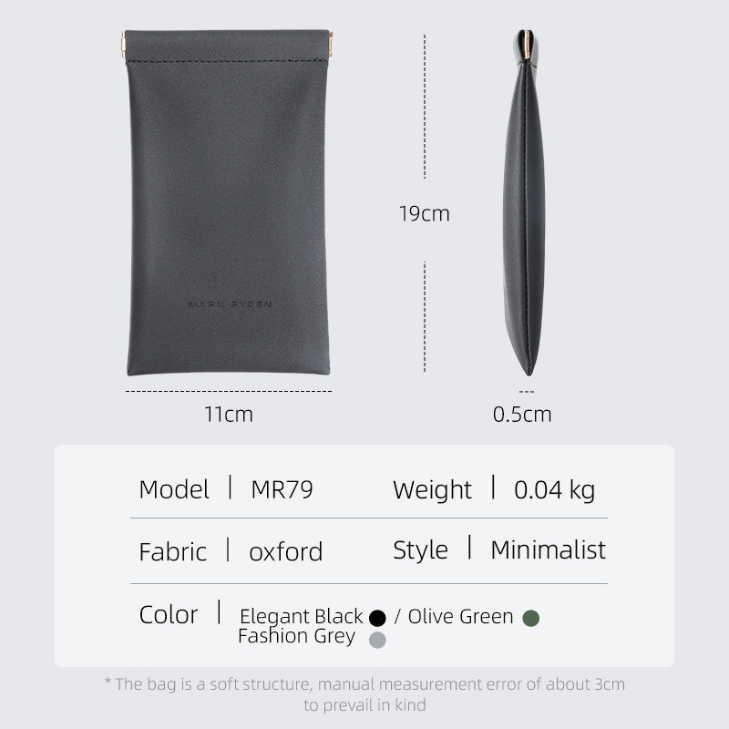 MarkRyden Elegant Black oxford fabric sunglasses pouch, minimalist design, 19cm x 11cm, ideal for carrying eyeglasses or data cables.