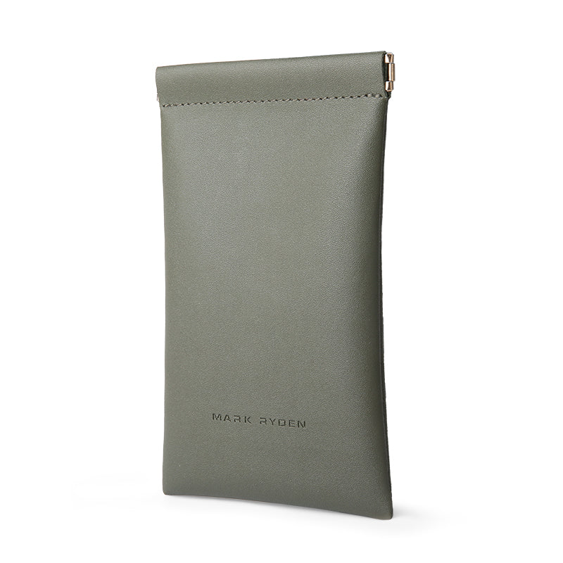 Gray faux leather sunglasses pouch with zip closure by MARK RYDEN, ideal for carrying eyeglasses or data cables.