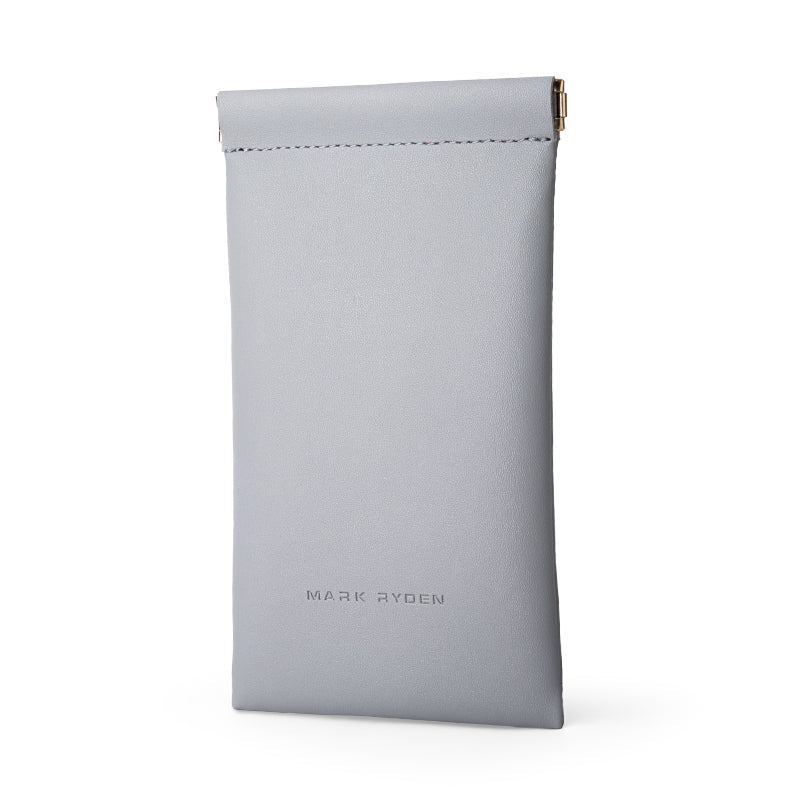 Light gray faux leather sunglasses pouch with roll-top closure, designed to carry eyeglasses or data cables by MARK RYDEN.