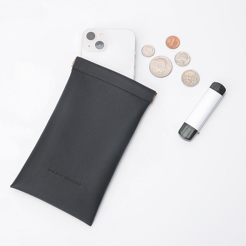 Mark Ryden black leather sunglasses pouch with phone, coins, travel accessory
