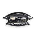 Harvey black leather waterproof multifunction messenger bag interior with gray lining, holding laptop, power bank, umbrella, and small essentials organized in compartments.