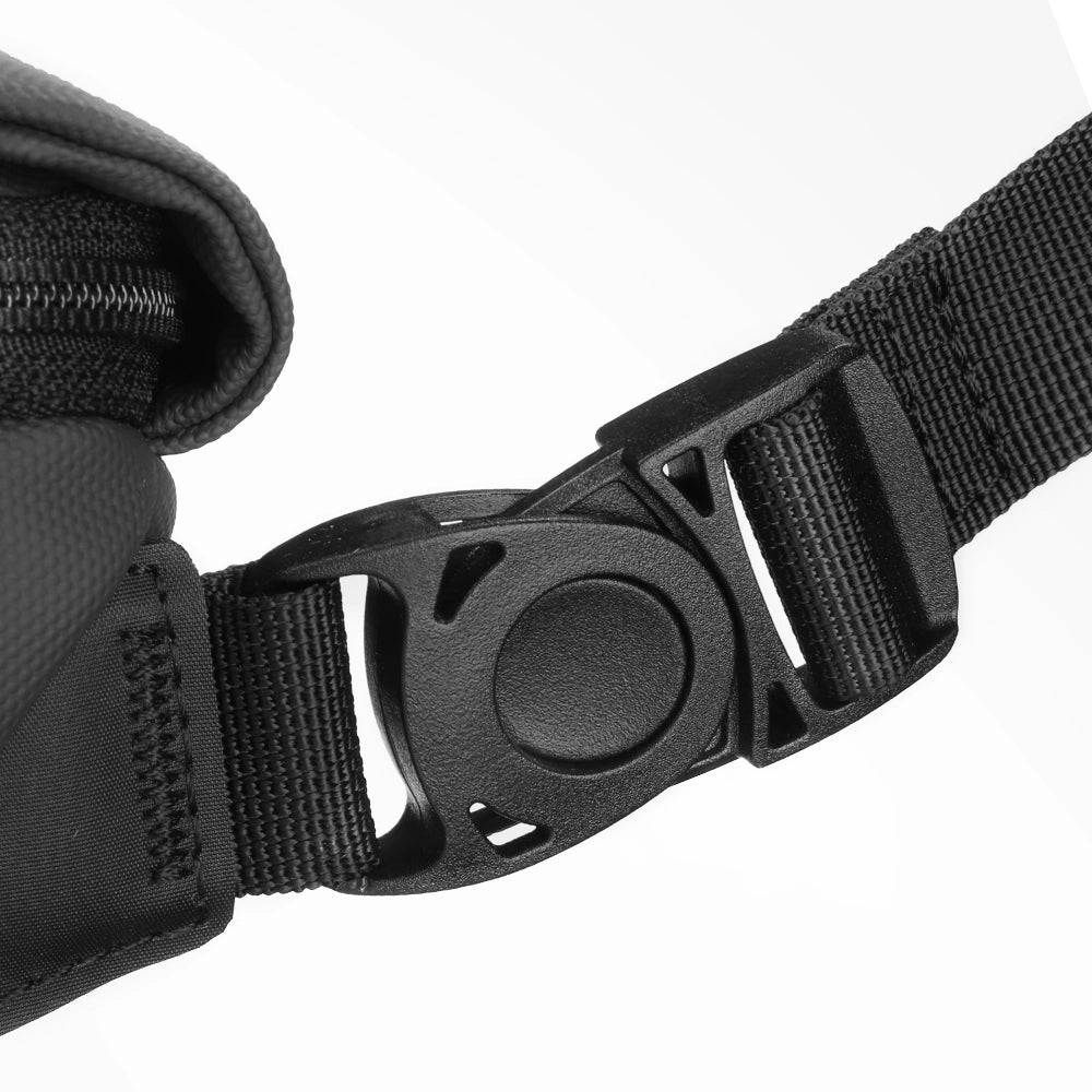 Close-up of Harvey leather waterproof messenger bag's black adjustable strap with circular plastic buckle, showcasing durable construction.