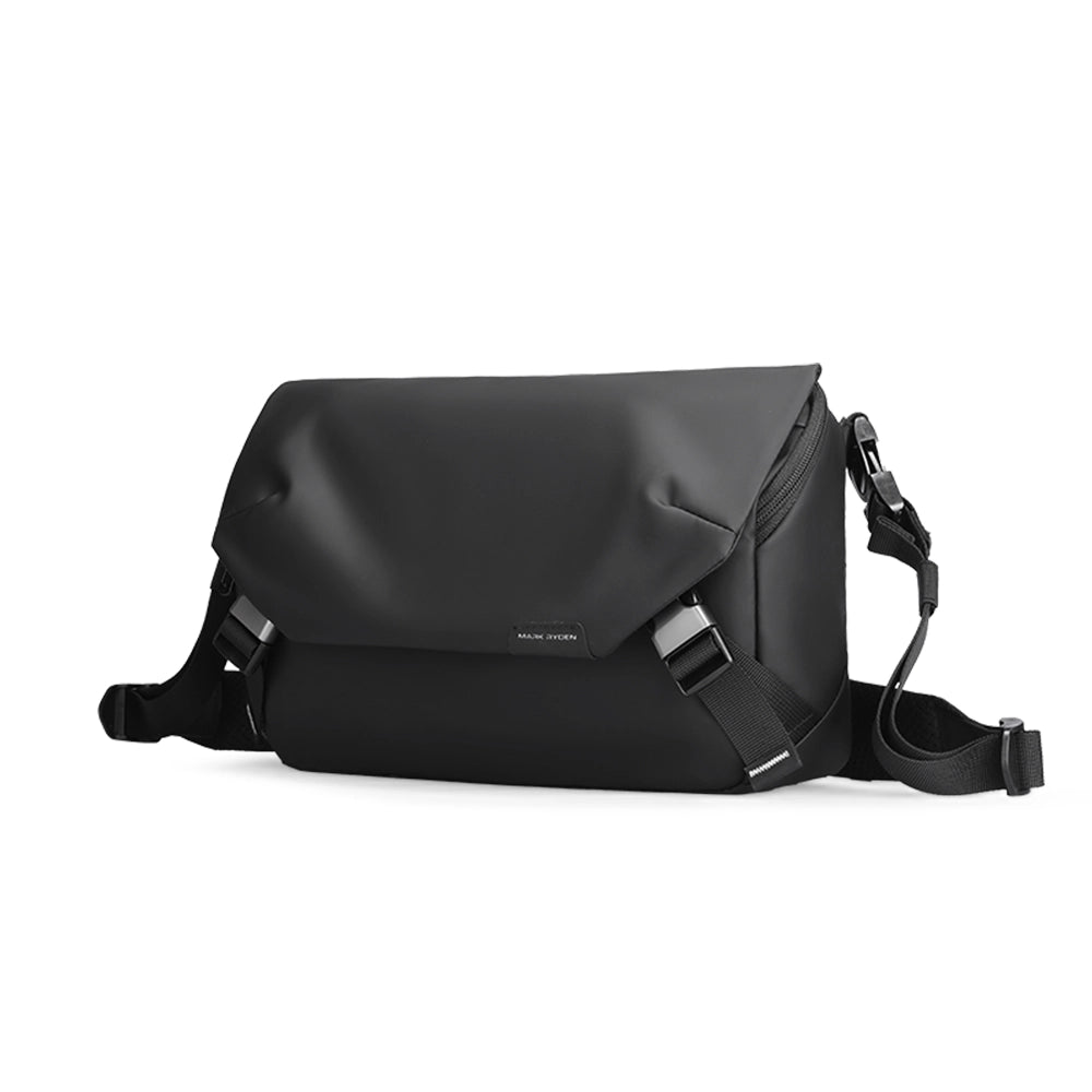 Black leather waterproof multifunction messenger bag by MarkRyden with adjustable strap