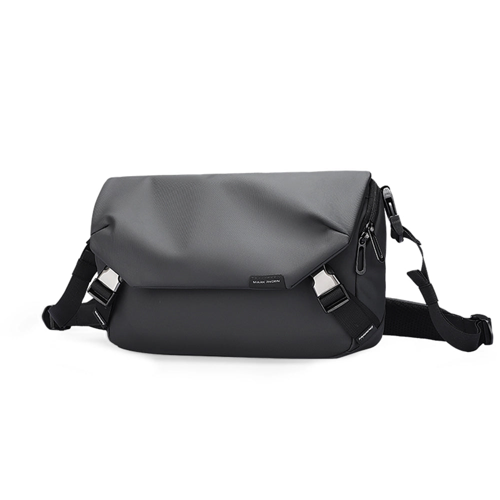 Harvey: Gray and black leather waterproof multifunction messenger bag with adjustable straps, zippers, and MarkRyden logo.