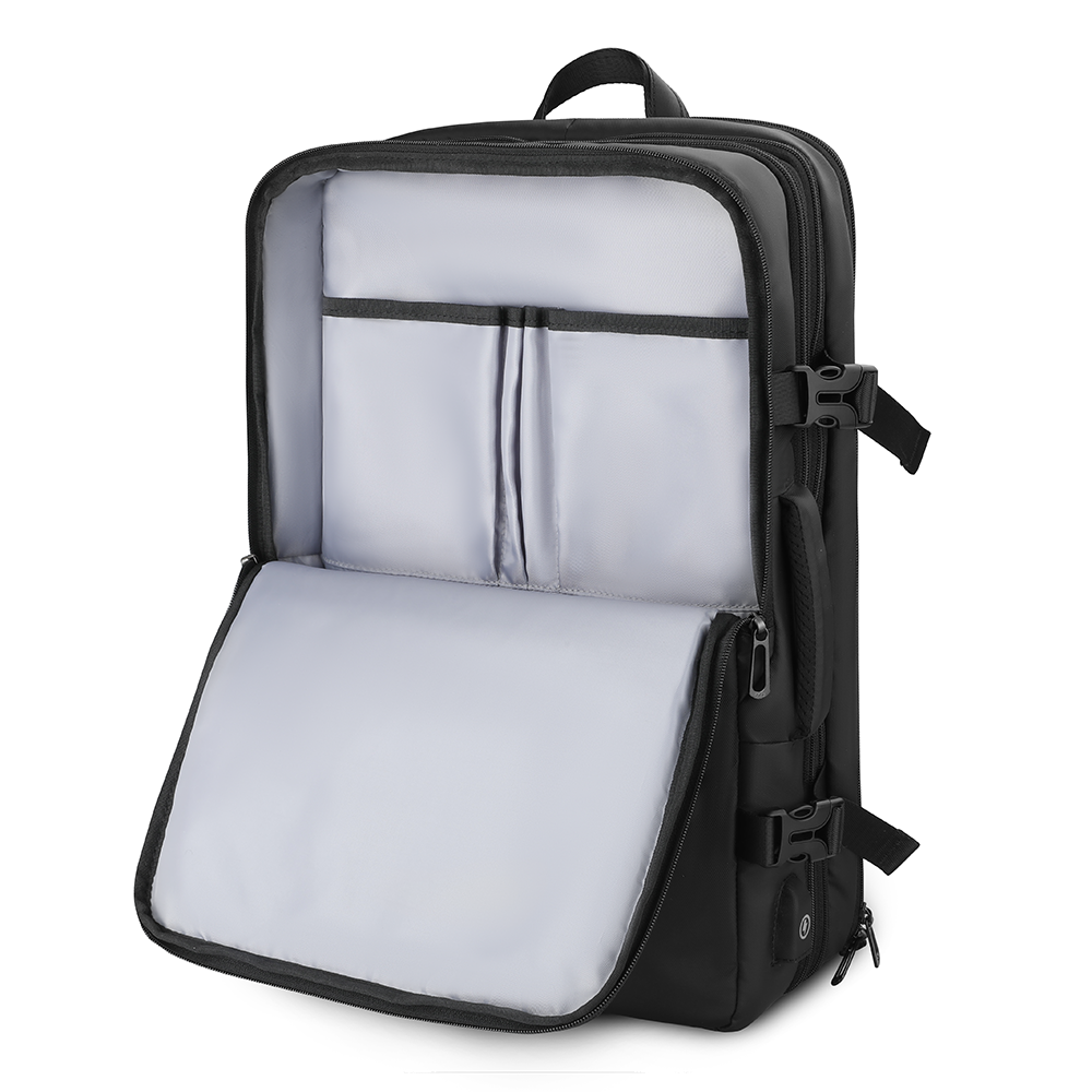 MarkRyden black anti-theft backpack with multi-layered compartments, minimalistic design
