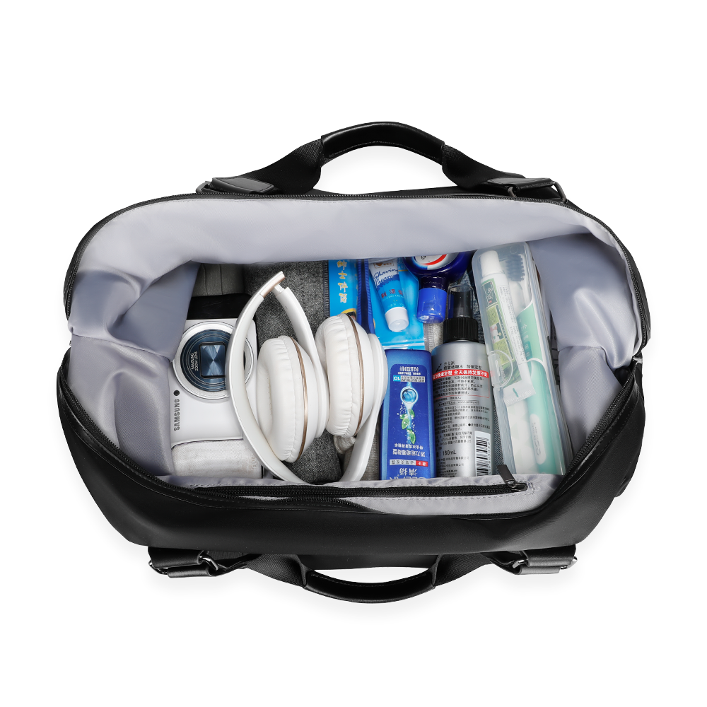 MARKRYDEN black anti-theft duffel bag with travel items inside