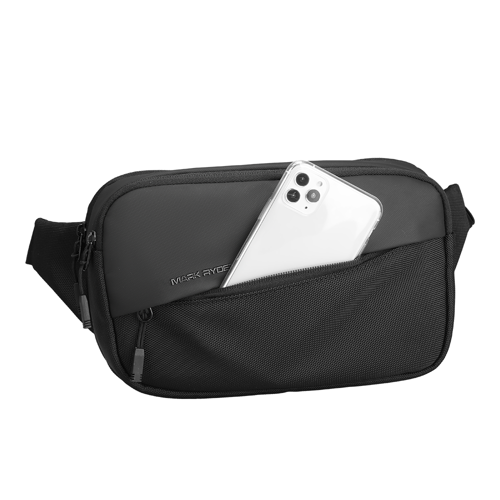 Mark Ryden black waterproof crossbody bag with multiple compartments, phone visible
