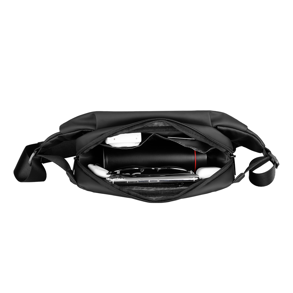 Black Peiano Oxford material elegant lightweight waterproof crossbody bag interior holding smartphone, water bottle, and small accessories