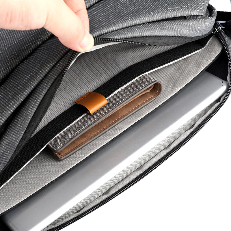 MARKRYDEN Fingon I gray leather commuter bag interior with laptop compartment