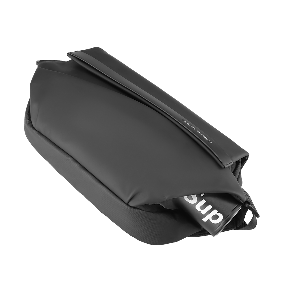 Black leather waterproof large capacity city commuting daily messenger bag by MarkRyden, featuring smooth exterior and partially open flap showing interior item.