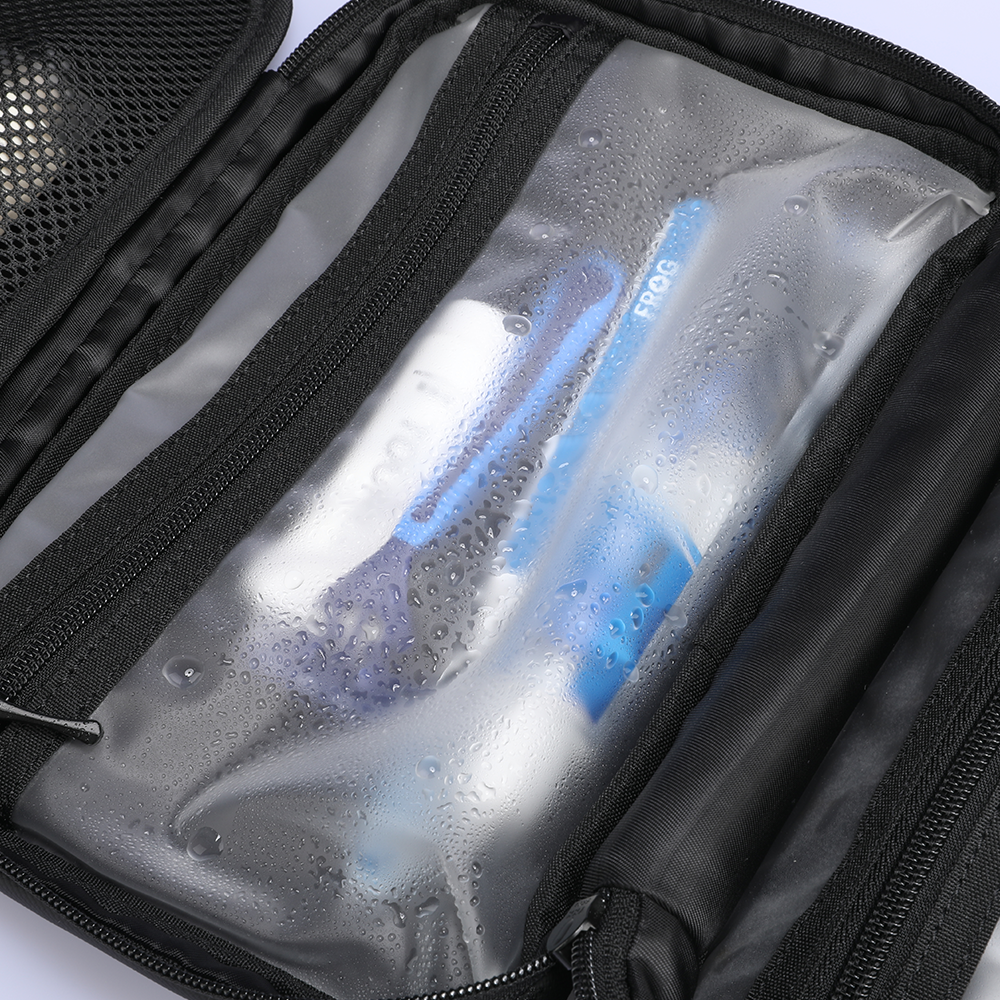 Black compact multi-layer washbag with clear compartment holding toiletries - MarkRyden anti-theft travel bag