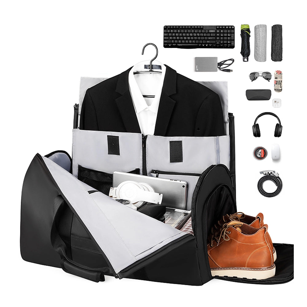 MarkRyden black water-resistant business travel bag with suit compartment, multipurpose storage