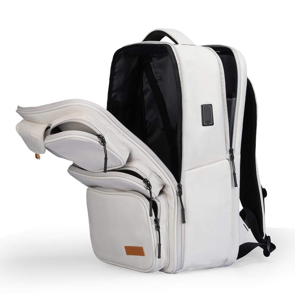White multifunctional commuter backpack with multiple compartments for 17.3 laptop