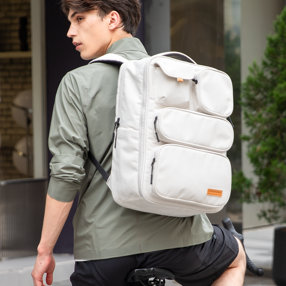 MarkRyden VersaPack white multifunctional commuter backpack with multiple pockets