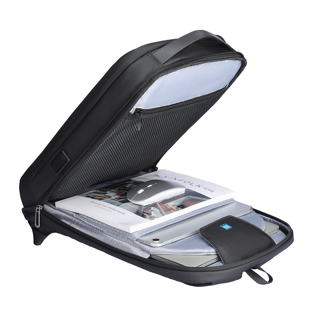 Open black futuristic minimalist lightweight backpack displaying interior with laptop, tablet, book, and wireless mouse inside