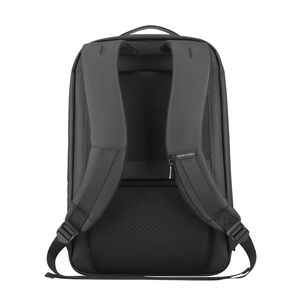 Black futuristic minimalist lightweight backpack with padded mesh shoulder straps and ergonomic back support by MarkRyden