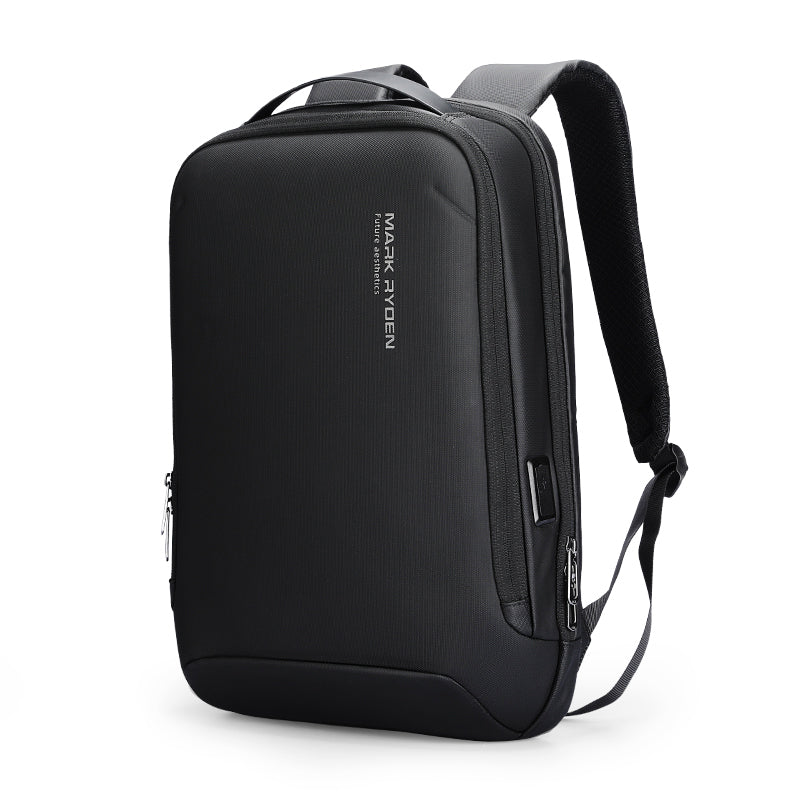 Black MarkRyden lightweight futuristic minimalist backpack with USB port, sleek design, and zippered compartments.