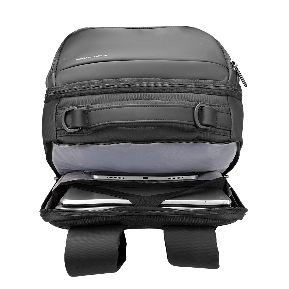 MarkRyden Compacto Pro backpack - black futuristic design, large capacity compartments with devices
