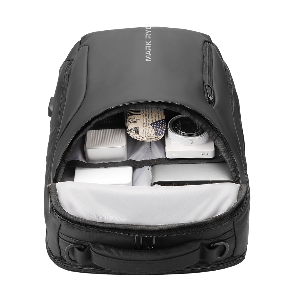 MarkRyden black large capacity futuristic daily backpack with organized compartments