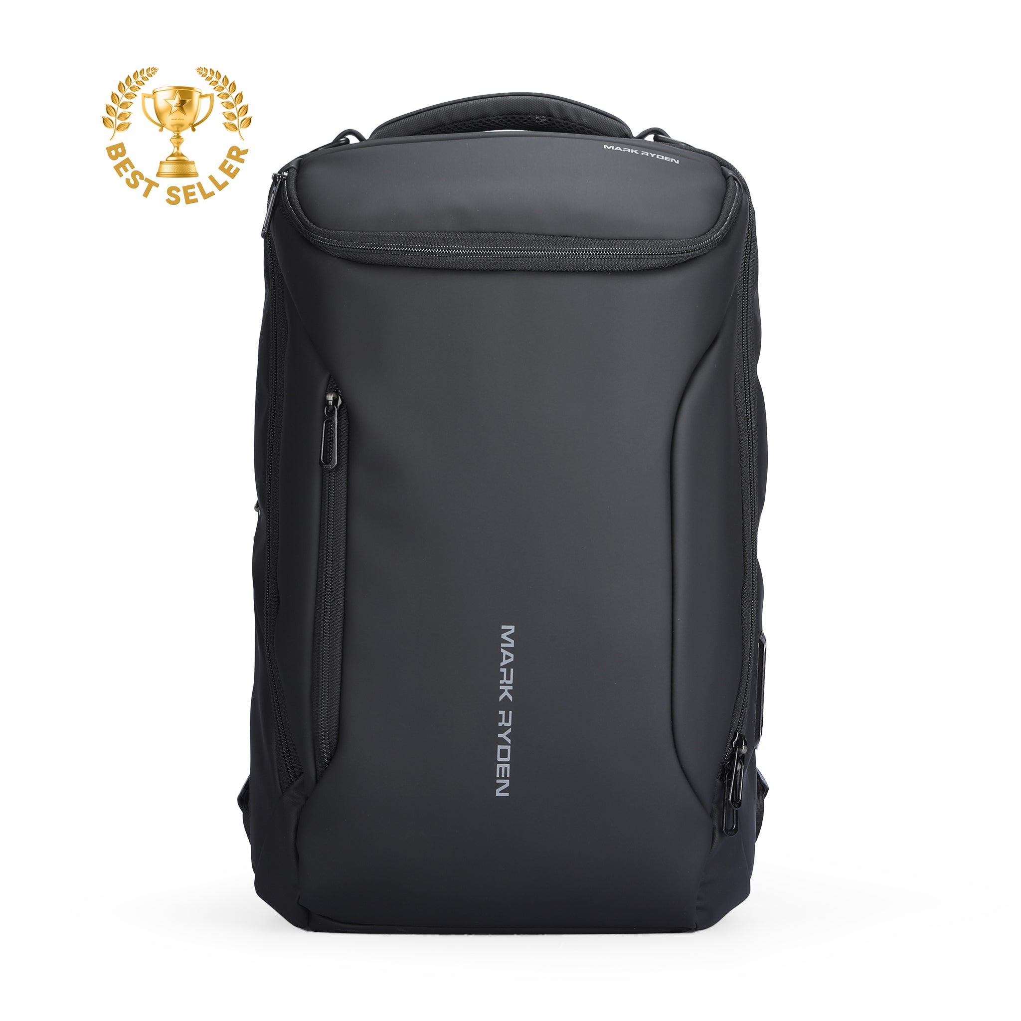 MarkRyden black futuristic daily backpack with best seller badge - large capacity design