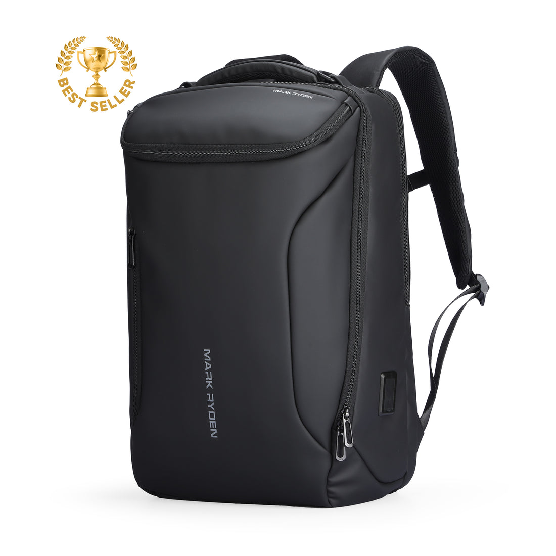 MarkRyden black futuristic daily backpack with best seller badge - large capacity design