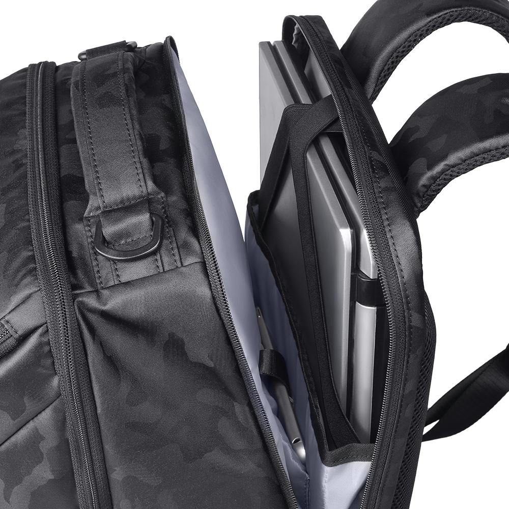 MarkRyden Compacto Pro I tactical commuter backpack with camouflage design, open compartment