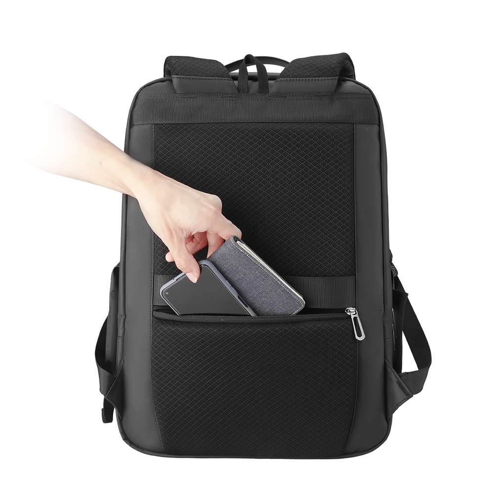 MarkRyden black leather waterproof backpack with multiple compartments, hand accessing front pocket with phone