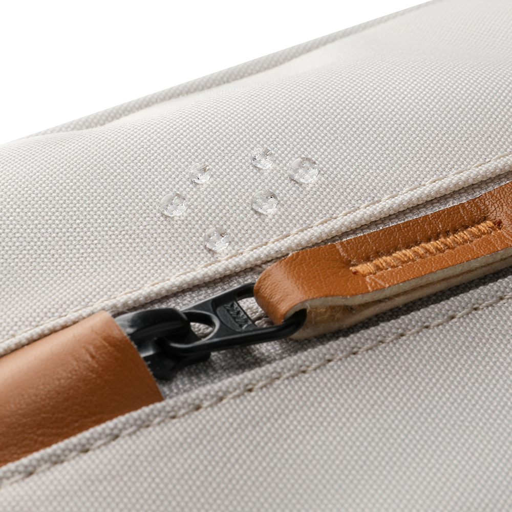 MarkRyden beige laptop backpack waterproof zipper detail