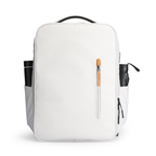 White Urbanity City Commuter Oxford USB Port 17.3 inch Laptop Backpack with tan zipper pull, side pockets holding black water bottle and umbrella.