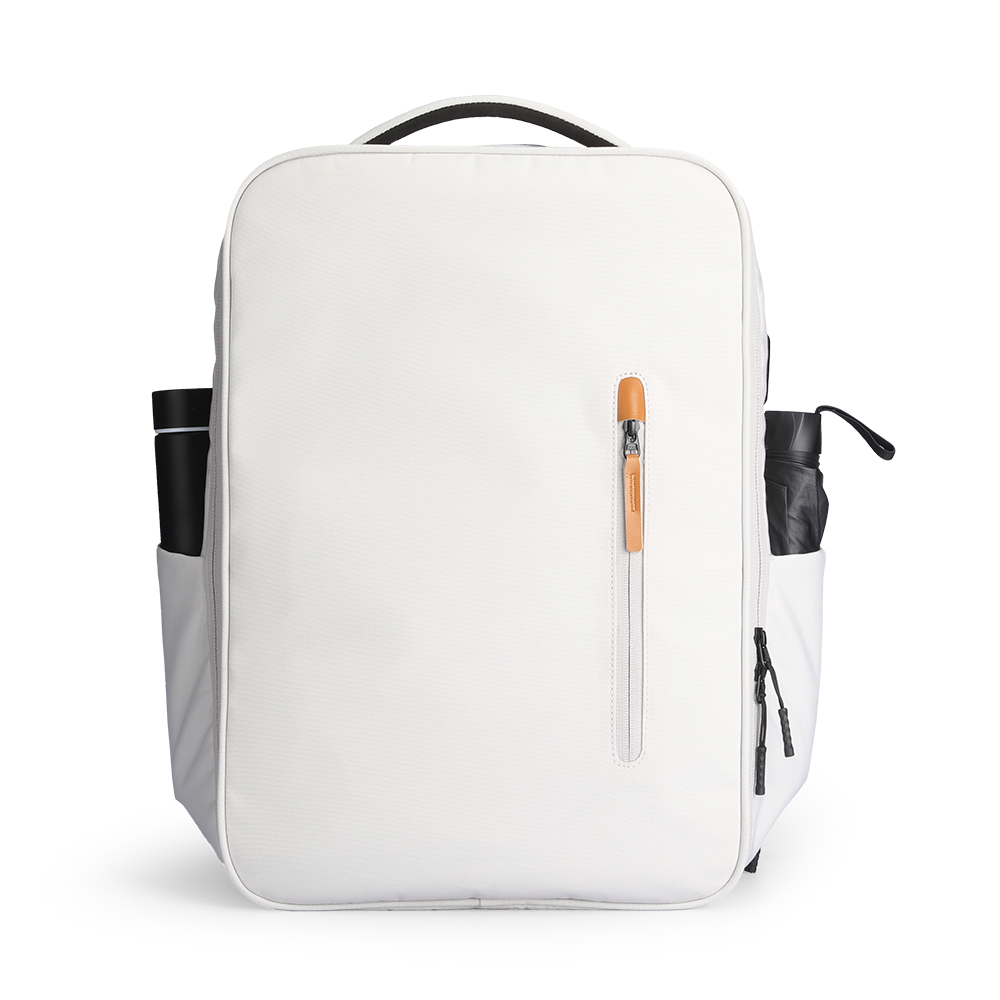 White Urbanity City Commuter Oxford USB Port 17.3 inch Laptop Backpack with tan zipper pull, side pockets holding black water bottle and umbrella.