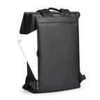 Black Minimalism Ⅰ versatile capacity daily commute backpack with side zip pocket holding a white tablet, sleek minimal design for modern travelers.