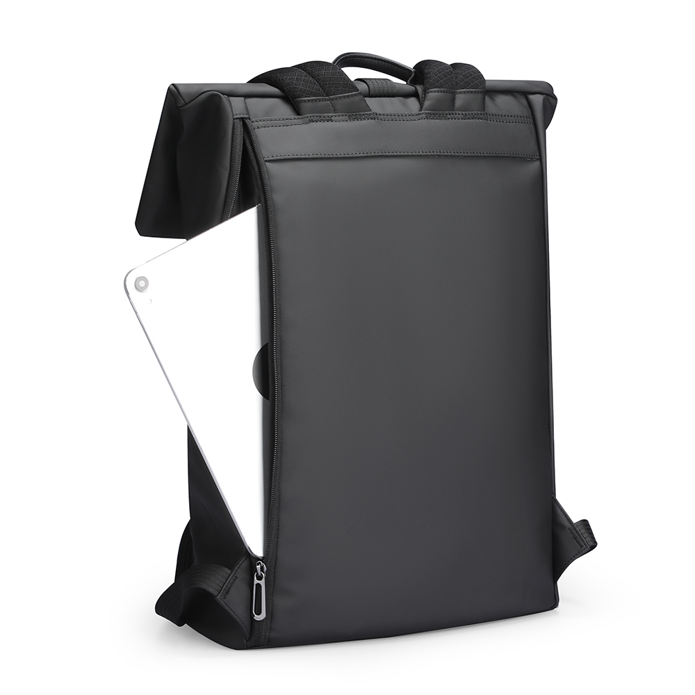 Black Minimalism Ⅰ versatile capacity daily commute backpack with side zip pocket holding a white tablet, sleek minimal design for modern travelers.