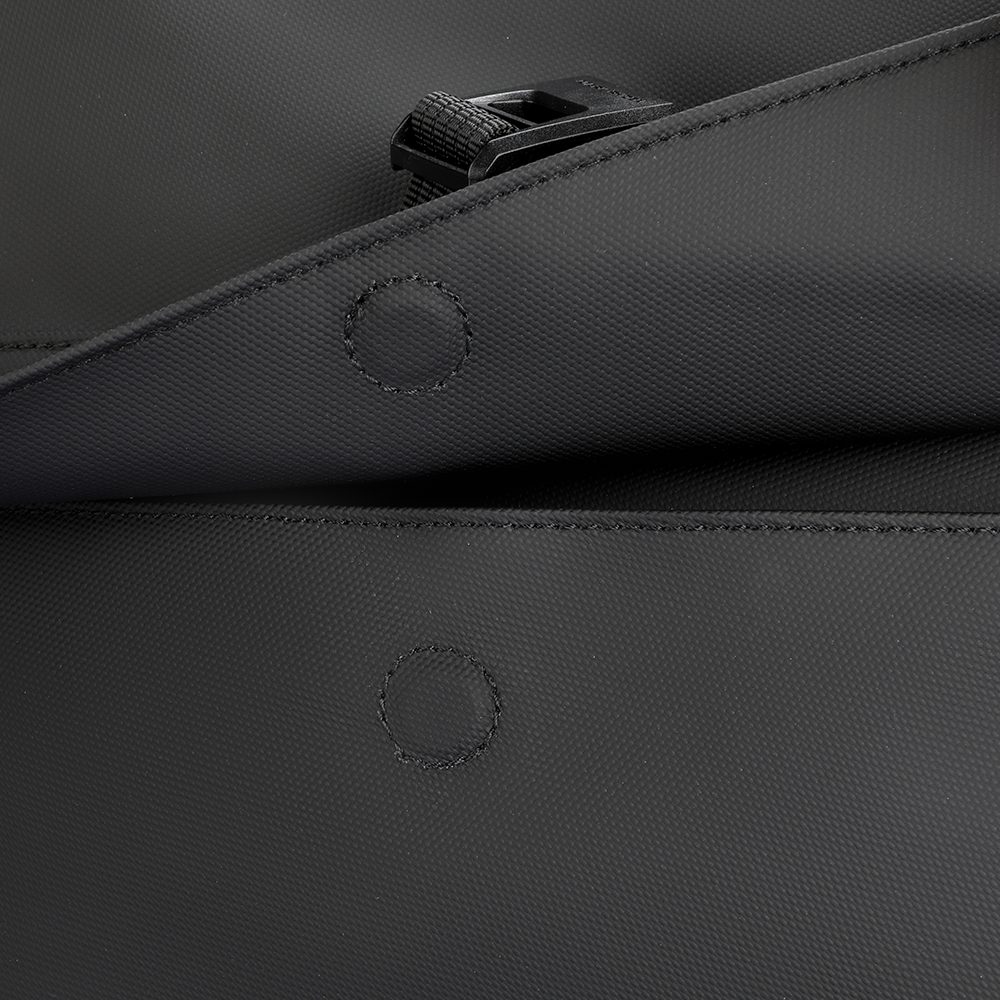 MarkRyden black minimalist backpack with buckle and stitching detail for daily commute