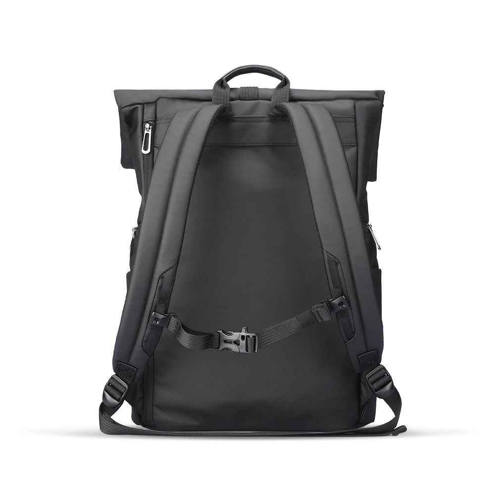MarkRyden black minimalist backpack with padded straps, buckle, roll-top for daily commute